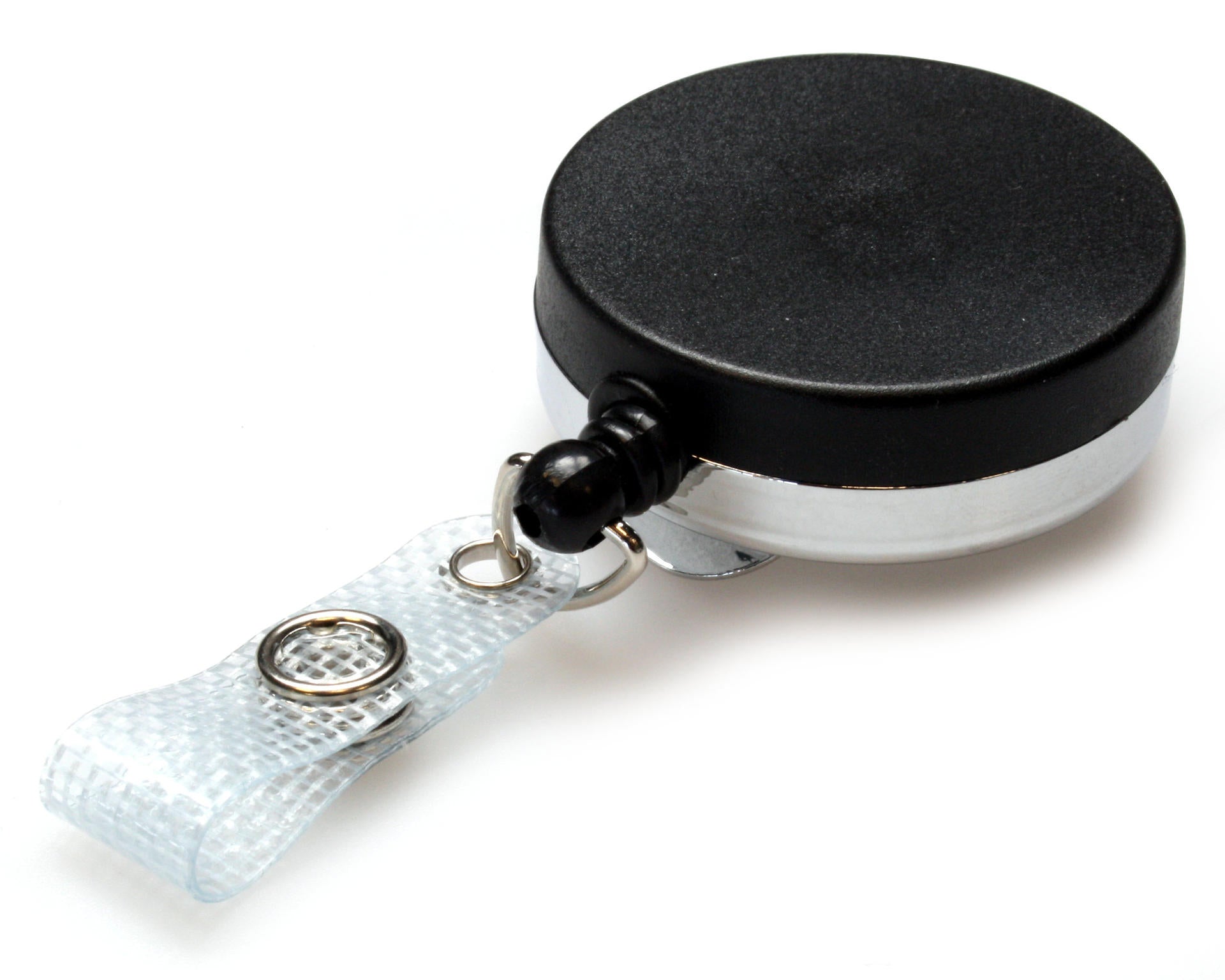 Heavy Duty Badge Reel with Black Plastic Front & Chrome Back, Belt Clip, Wire Cord & Re-enforced Strap Clip (Pack of 50)