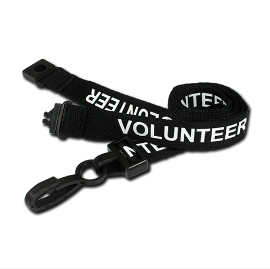 Black Volunteer Lanyard - 15mm Wide - Plastic J Clip - Packs of 100 - Breakaway