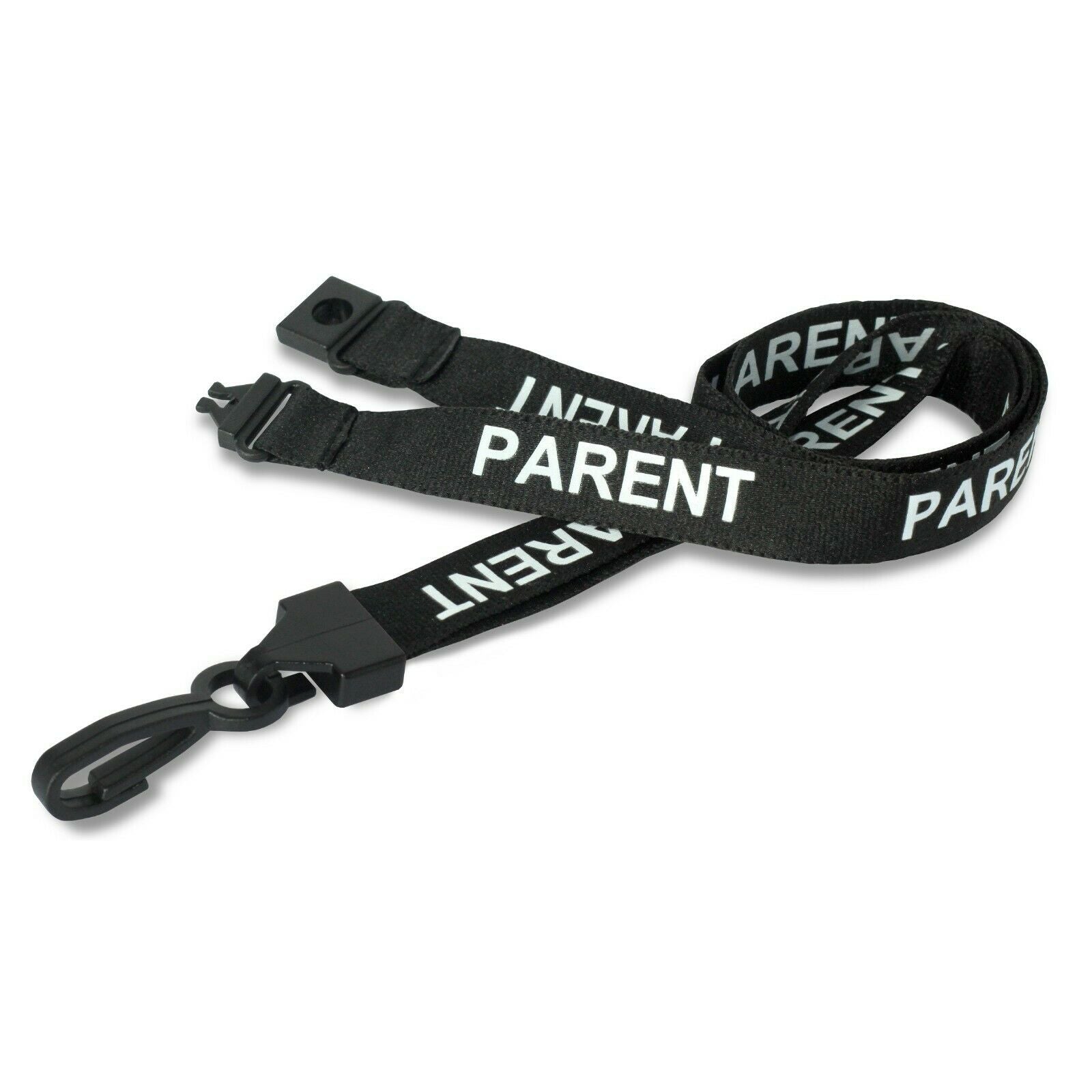 Black Parent Lanyard - 15mm Wide - Plastic J Clip - Packs of 100 - Breakaway