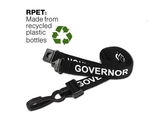 Recycled 15mm Wide Black Governor Lanyards With Plastic J Clip - 1-100