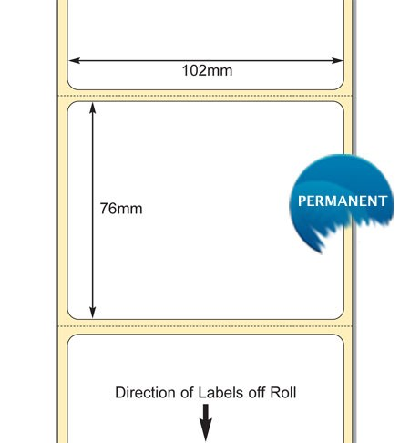 White 102 x 76mm Direct Thermal Labels, Perm Adhesive  (76mm Core / 203mm OD)