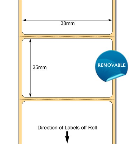 White 38 x 25mm Direct Thermal Labels, Perm Adhesive  (38mm Core/127mm OD)