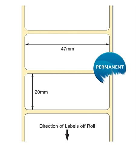 White 47 x 20mm Direct Thermal Desktop Blank Label, 38mm core, 127mm OD