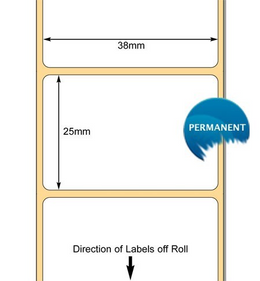 White 38x25mm Top Coated Direct Thermal Labels, Perm (38mm Core / 127m