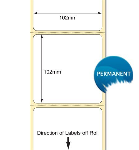 White 102 x 102mm Direct Thermal Labels, Perm Adhesive (38mm Core / 127mm OD)