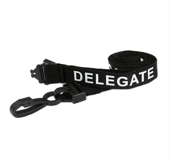 Black Delegate Lanyard  - 15mm Wide - Plastic J Clip - Packs of 100 - Breakaway
