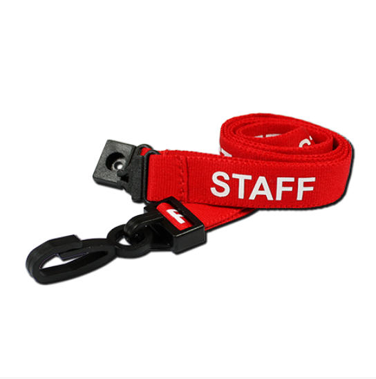 Red Staff Lanyard - 15mm Wide - Plastic J Clip, Breakaway - Packs of 1-100