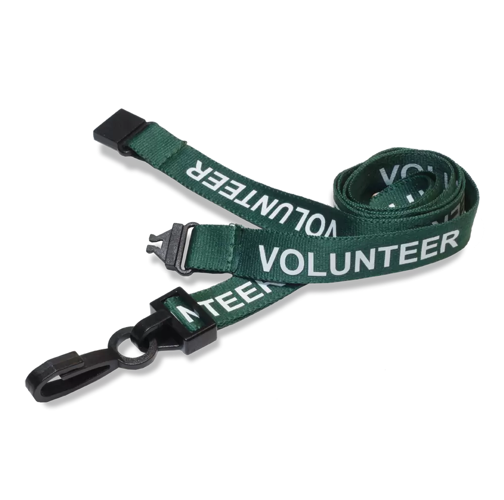 Green Volunteer Lanyard - 15mm Wide - Plastic J Clip - Packs of 100 - Breakaway